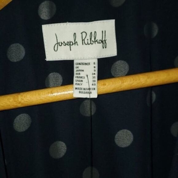 Joseph Ribkoff Wraparound Lined Midnight Blue Vanilla Polka Dot Sz 6 Cap Dress - Picture 4 of 11
